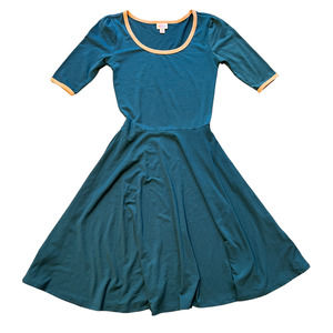 3/$15 LuLaRoe Nicole Ringer Blue & Peach Pink Fit Flare Dress XS NWT